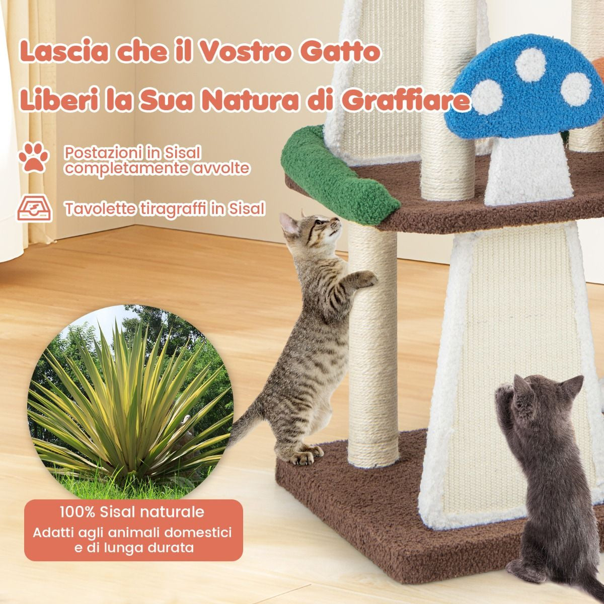 Albero per Gatti 4 in 1 Con 2 Condo E Piattaforme, Torre Multilivello per Gatti Con Pali E Tiragraffi in Sisal Colorato