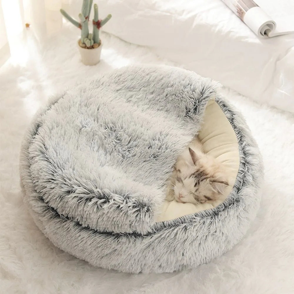 Caldo Lungo Peluche Letto per Animali Chiuso Cuscino Rotondo per Gatti Comodo Sacco a Pelo Cuccia per Gatti per Piccoli Animali Domestici