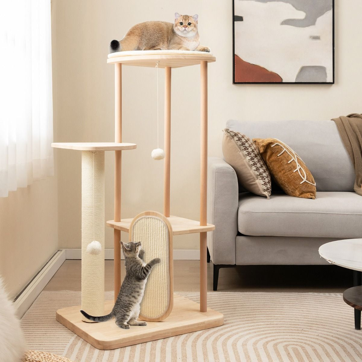 Albero per Gatti in Legno Multilivello Con Tavola E Palo Tiragraffi in Sisal, Centro Di Attività per Gatti Moderno