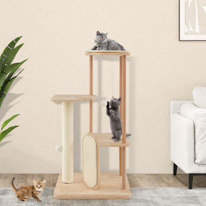 Albero per Gatti in Legno Multilivello Con Tavola E Palo Tiragraffi in Sisal, Centro Di Attività per Gatti Moderno