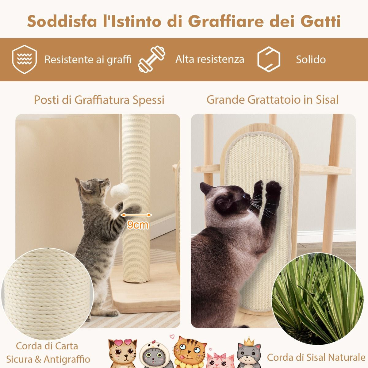 Albero per Gatti in Legno Multilivello Con Tavola E Palo Tiragraffi in Sisal, Centro Di Attività per Gatti Moderno