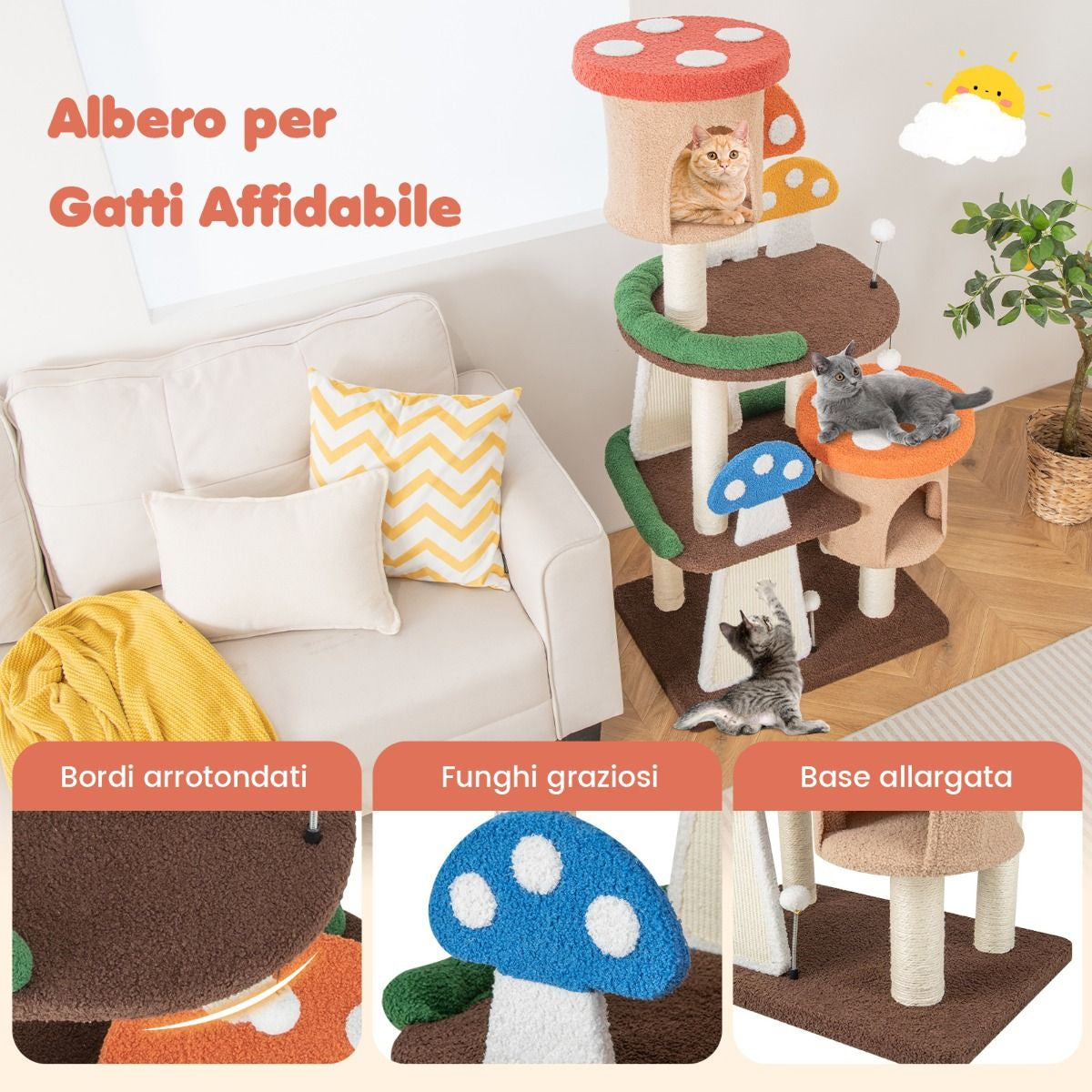 Albero per Gatti 4 in 1 Con 2 Condo E Piattaforme, Torre Multilivello per Gatti Con Pali E Tiragraffi in Sisal Colorato