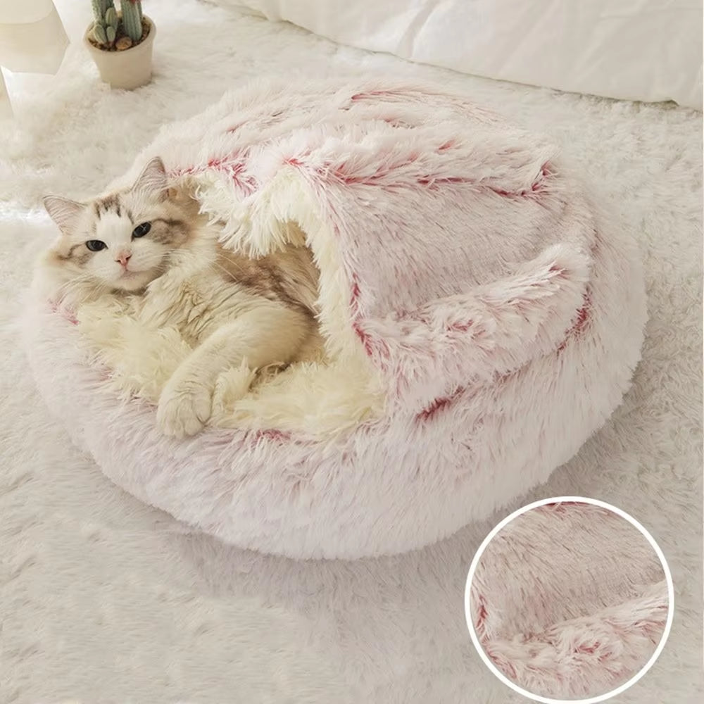Caldo Lungo Peluche Letto per Animali Chiuso Cuscino Rotondo per Gatti Comodo Sacco a Pelo Cuccia per Gatti per Piccoli Animali Domestici