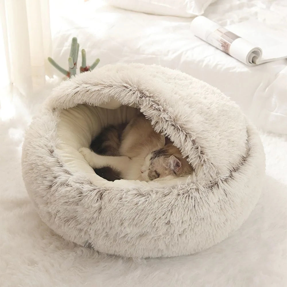 Caldo Lungo Peluche Letto per Animali Chiuso Cuscino Rotondo per Gatti Comodo Sacco a Pelo Cuccia per Gatti per Piccoli Animali Domestici