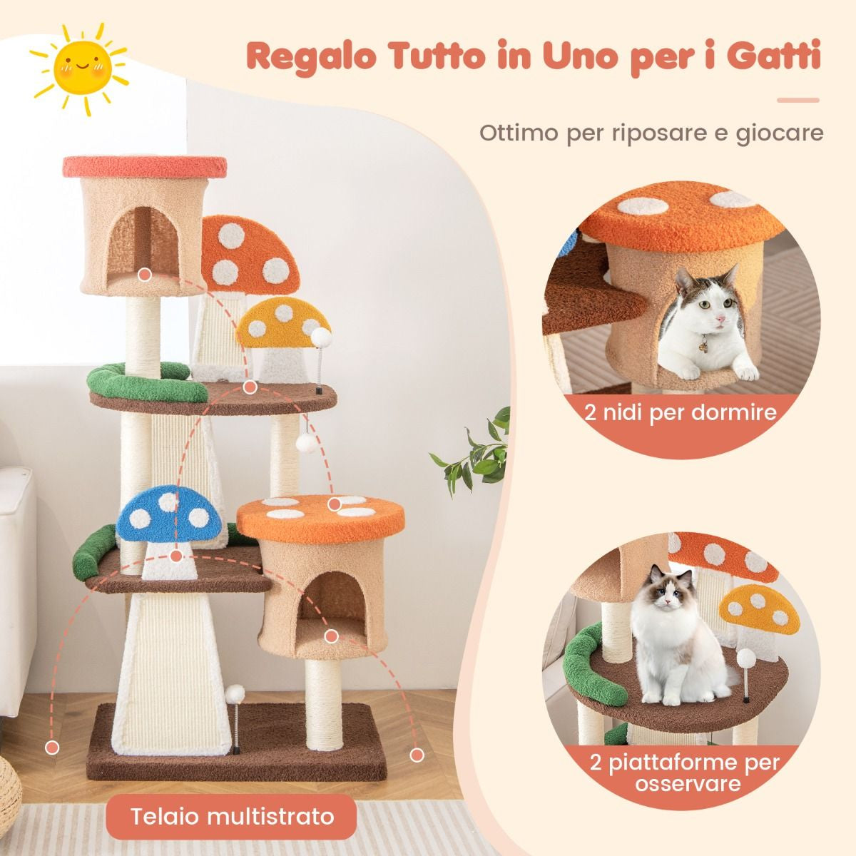 Albero per Gatti 4 in 1 Con 2 Condo E Piattaforme, Torre Multilivello per Gatti Con Pali E Tiragraffi in Sisal Colorato