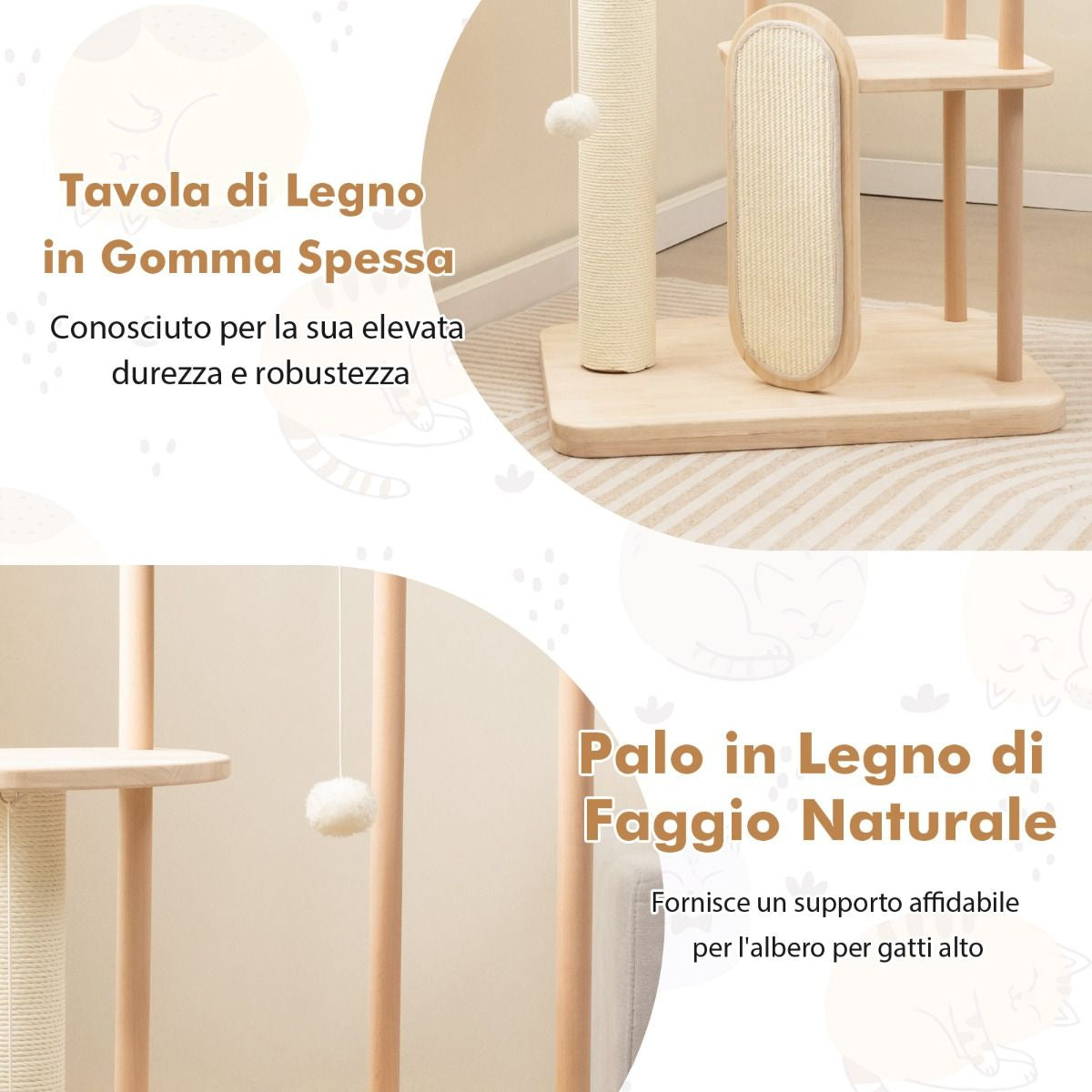 Albero per Gatti in Legno Multilivello Con Tavola E Palo Tiragraffi in Sisal, Centro Di Attività per Gatti Moderno