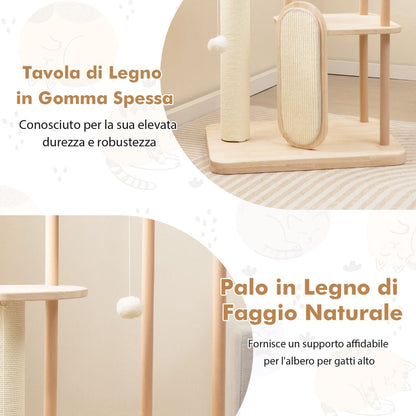 Albero per Gatti in Legno Multilivello Con Tavola E Palo Tiragraffi in Sisal, Centro Di Attività per Gatti Moderno