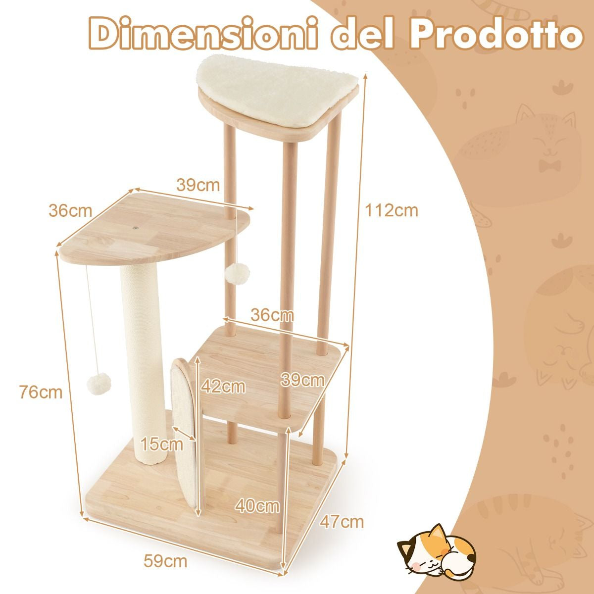 Albero per Gatti in Legno Multilivello Con Tavola E Palo Tiragraffi in Sisal, Centro Di Attività per Gatti Moderno