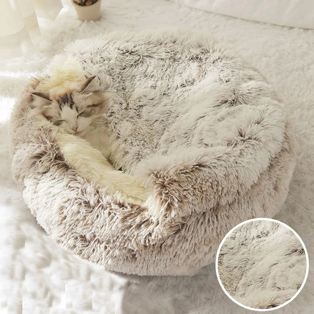 Caldo Lungo Peluche Letto per Animali Chiuso Cuscino Rotondo per Gatti Comodo Sacco a Pelo Cuccia per Gatti per Piccoli Animali Domestici