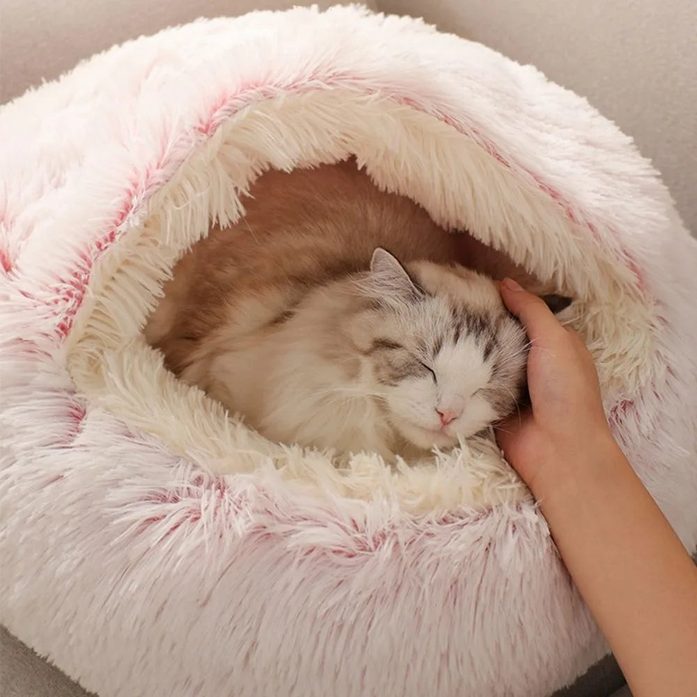 Caldo Lungo Peluche Letto per Animali Chiuso Cuscino Rotondo per Gatti Comodo Sacco a Pelo Cuccia per Gatti per Piccoli Animali Domestici