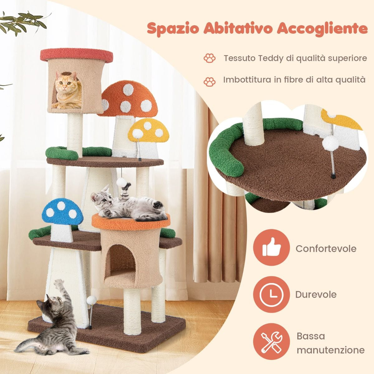 Albero per Gatti 4 in 1 Con 2 Condo E Piattaforme, Torre Multilivello per Gatti Con Pali E Tiragraffi in Sisal Colorato