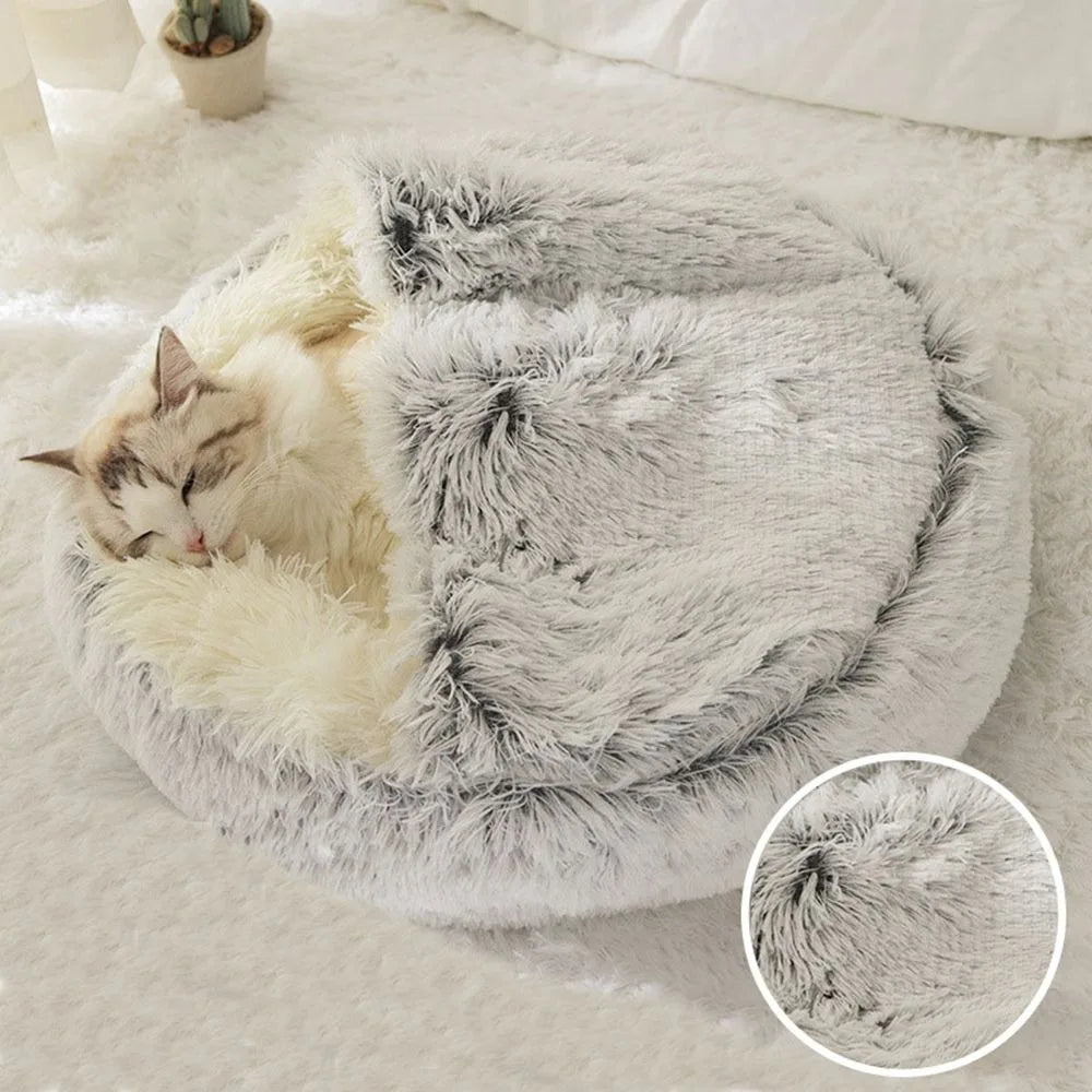 Caldo Lungo Peluche Letto per Animali Chiuso Cuscino Rotondo per Gatti Comodo Sacco a Pelo Cuccia per Gatti per Piccoli Animali Domestici