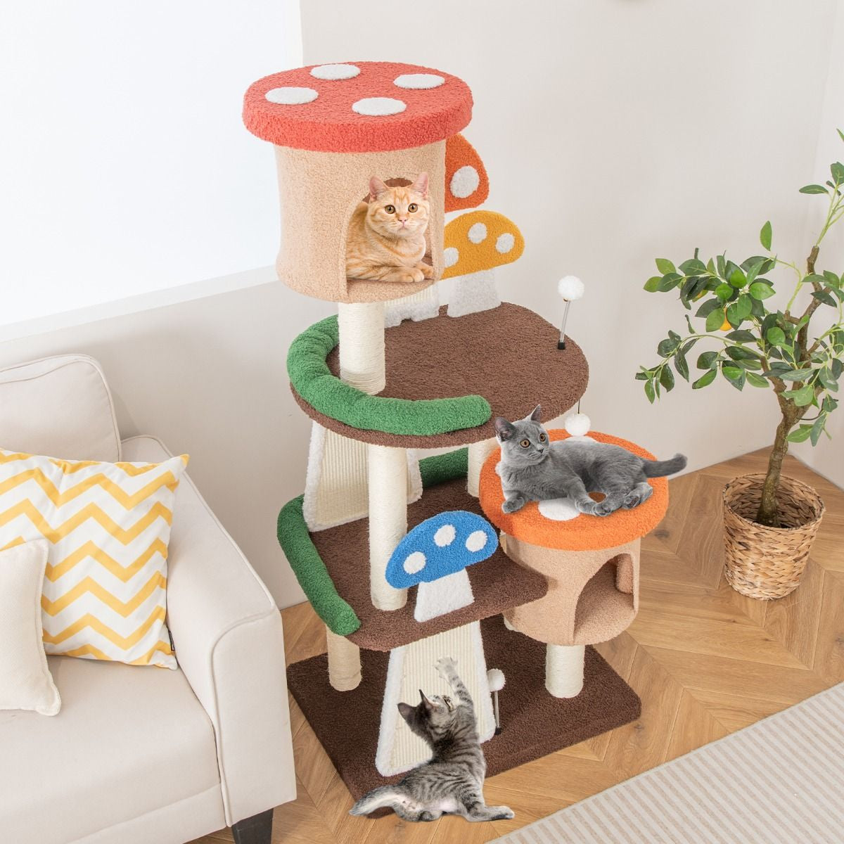 Albero per Gatti 4 in 1 Con 2 Condo E Piattaforme, Torre Multilivello per Gatti Con Pali E Tiragraffi in Sisal Colorato